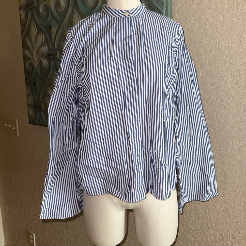 Madewell Button Up Top Blue White Striped Cropped  Flare Sleeve Sz Medium